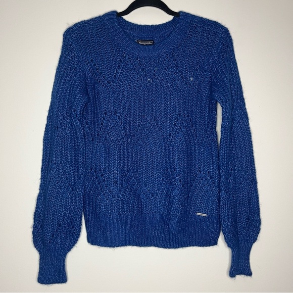 ABERCROMBIE & FITCH Lofty Puff Sleeve Crewneck Knit Royal Blue Metallic Sweater - Picture 2 of 8